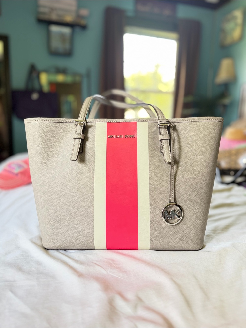 Michael Kors Taupe Tote with Hot Pink & Cream Center Stripe